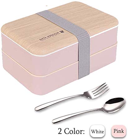 Binoster Original Bento Box Lunch Boxes Container Bundle Divider Japanese style with stainless steel Utensils spoon and fork (Pink)