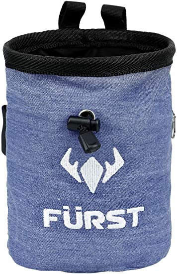 FURST Denim Chalk Bag with Zippered Pocket and Brush Loop for Rock Climbing, Bouldering, Gym, Crossfit, Lifting