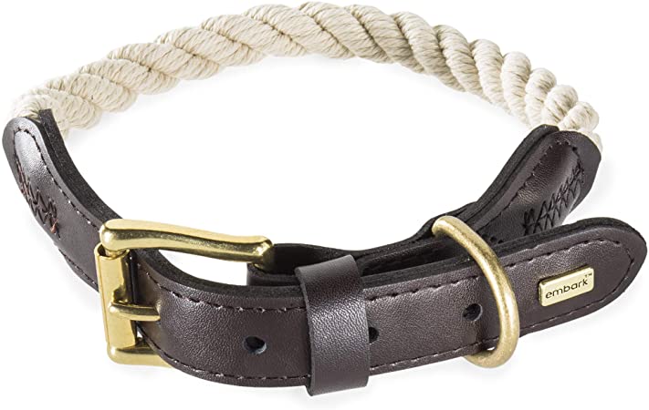 Embark Pets Country Dog Rope Collar - Braided Cotton and Leather Finish -Small, Medium, Large and Extra Large Collars for Dogs - Durable and Strong Build for Training, Walking, Running