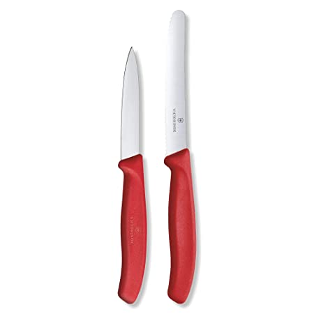 Victorinox Kitchen Knife, Set of 2, Sharp Stainless Steel Straight Edge and Wavy Edge Knives, Red