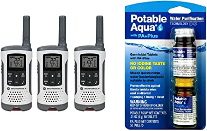 Motorola T260TP Talkabout Radio, 3 Pack & Potable Aqua Water Purification Tablets with PA Plus - Two 50 Count Bottles