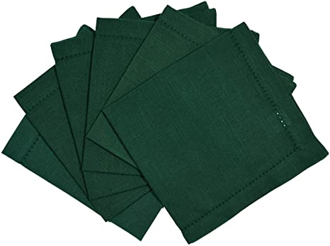 Penguin Home 100% Linen Look with Faggoting Hemstictch Napkins-45 x 45cm-Set of 6 Solid, Cotton, Green,45 x 45cm