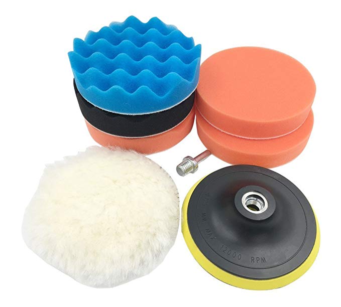 Tumao 7pcs 4" 100mm Polishing Pads, Auto Car Compound Sponge and Woolen Waxing Buffing Sanding Pads Kits with M10 Drill Adapter (Colour)