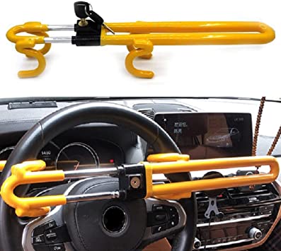 Twin Hooks Steering Wheel Lock，Vehicle Anti-Theft Device The Club,Adjustable Length Clamp Double Hook Universal Self Defense Heavy Duty Secure Lock (Yellow)