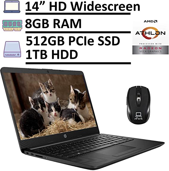 2020 Latest HP Notebook 14 Sleek Laptop Computer, 14" HD Anti-Glare Micro-Edge Widescreen, Dual-Core AMD Athlon Silver 3050U 8GB RAM 512GB PCIe SSD   1TB HDD, Webcam Type-C Windows 10   ePark Mouse