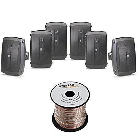 Yamaha NS-AW150BL 2-Way Outdoor Speakers - Black (6 Speakers with AmazonBasics Speaker Wire)