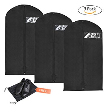 YISSVIC 3Pack Waterproof Garment Bag Clothes Cover Bag Breathable Suit Protector 43" with shoe bag black