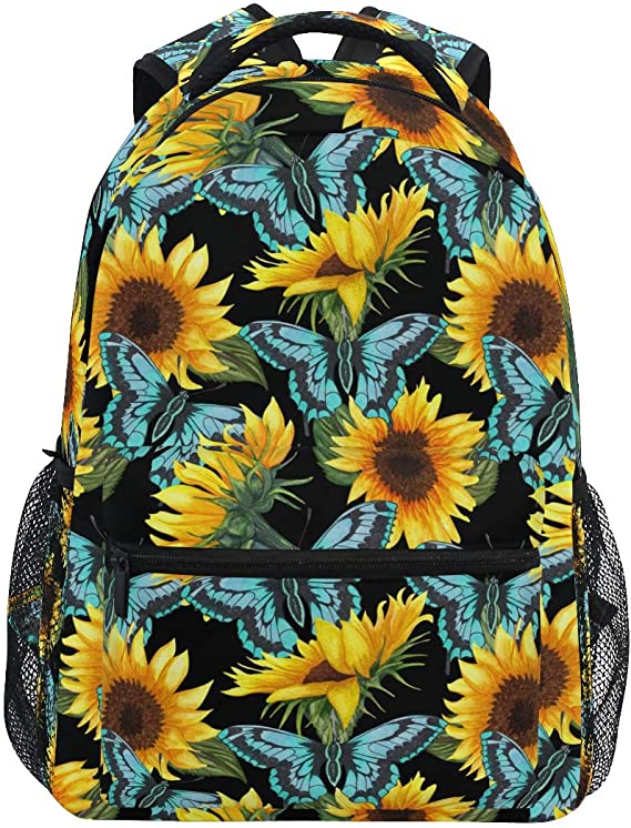 Sunflower Floral Laptop Backpack - Blue Butterfly with Yellow Flowers Waterproof College Students Bookbags Casual School Bags Travel Computer Notebooks Daypack for Men Women Teens