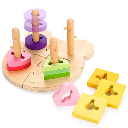 Peradix Baby Wooden Shape Color Sorter Toys Early Development & Activity Educational Toy- Sorting & Stacking Toys with Jigsaw Puzzle Board