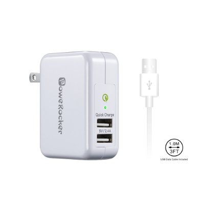 USB Charger POWERocker 18W Dual-Port USB Wall Charger with Quick Charge 20 for Galaxy S7S6 Note 54 Nexus 6 Xperia Z4 HTC One M9 LG V10 and More Matching 3FT USB Cable Included