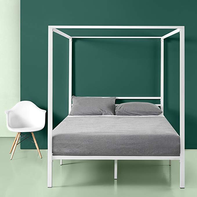 Zinus White Metal Framed Canopy Four Poster Platform Bed Frame/Strong Steel Mattress Support/No Box Spring Needed, Queen