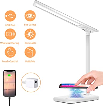 LED Desk Lamp, BEACON Desk Lamp with Wireless Charger, Desk Lamp Office with USB Charging Port, Touch Control,3 Lighting Modes 6 Brightness Levels, Eye-Caring Table Lamp for Studying, Working, White