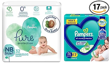 Pampers Pure Protection Baby Diapers, (Size 1, NB), 32 Count & All round Protection Pants, (NB/XS), 17 Count