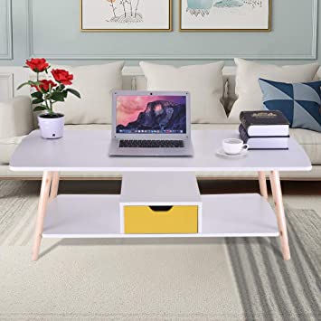 Solid Wood Rectangle Coffee Table with Storage Drawer, Cocktail Table, Modern Minimalist Accent Table with Storage Shelf for Living Room, Reception, Easy Assembly (47.2×22.8×16.5 INCH, A)