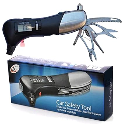 Digital Tire Pressure Gauge 10-in-1 Car Gift Multi-Tool in Gift Box - LED Flashlight, Red Light, Air Pressure Gauge, Car Window Breaker, Scissors, 2 Screwdrivers, Pliers, and Seatbelt Cutter