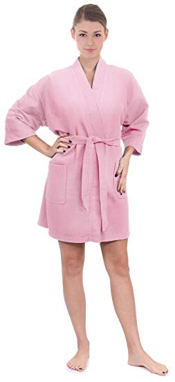 Women's Knee Length Waffle Weave Kimono Bathrobe, Short Spa Robes