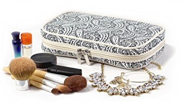 Jewelry & Accessories Travel Organizer Bag Case (White & Black Paisley Print Exterior & Beige Interior)