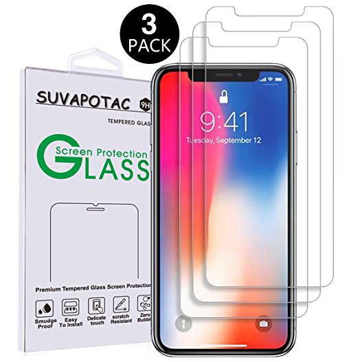 iPhone X Screen Protector,SUVAPOTAC [3-Pack] [Case Friendly] [3D Touch] Tempered Glass, Easy Installation,Bubble free,Crystal clear HD 2.6mm Glass Screen Protector for iPhone X iPhone 10