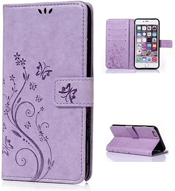 iPhone 5s SE Case,iPhone 5 5s SE Wallet Case,LW-Shop for iPhone 5 5s SE PU Leather Case [Built-in Credit Card Slots] Magnetic Design Flip Leather Cover with Flower Butterfly Pattern(Light Purple)