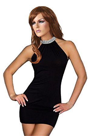 Female Women Hot Neck Rhinestone Mini Skirt Ball Night Club Dress (Black)