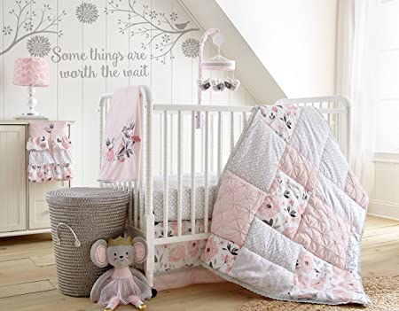 Levtex Baby - Elise Crib Bed Set - Baby Nursery Set - Pink, Grey and White - Floral and Eyelet Patchwork - 5 Piece Set Includes Quilt, Fitted Sheet, Diaper Stacker, Wall Decal & Skirt/Dust Ruffle