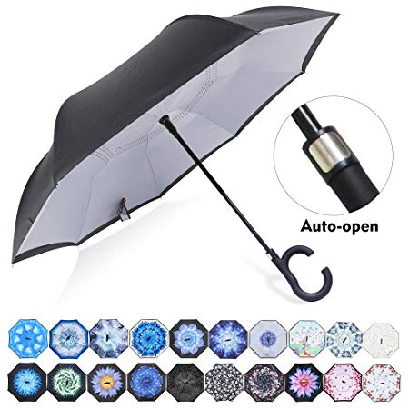 ZOMAKE Auto Open Double Layer Inverted Umbrella Cars Reverse Umbrella, UV Protection Windproof Large Straight Umbrella for Car Rain Outdoor with C-Shaped Handle