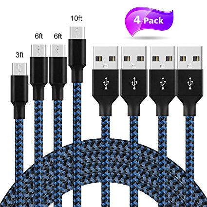 Micro USB Cable, HWTONG Nylon Braided High Speed USB Micro USB Charging Cable, Sync and Charging Cord for Kindle, Samsung, Nexus, LG, HTC , Android Smartphone etc 4 Pack 10FT 6FT 6FT 3FT [Black&Blue]