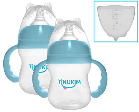 Tinukim Wide Mouth Baby Bottle with Handles - Anti-Colic Nursing System, 180 Milliliter (Set of 2 - Blue)