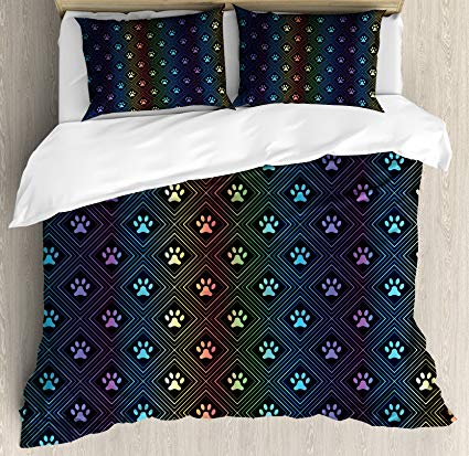 Ambesonne Dog Lover Duvet Cover Set King Size, Paw Print Pattern with Diamond Shaped Rhombus Shapes Design Geometric Arrangement, Decorative 3 Piece Bedding Set with 2 Pillow Shams, Multicolor