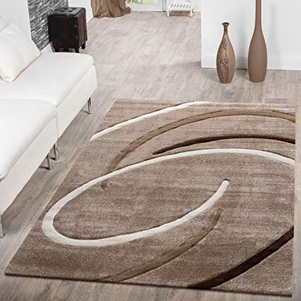 T&T Design Short Pile Living Room Rug Modern With Spiral Pattern Beige Brown Mocha, Size:160x230 cm