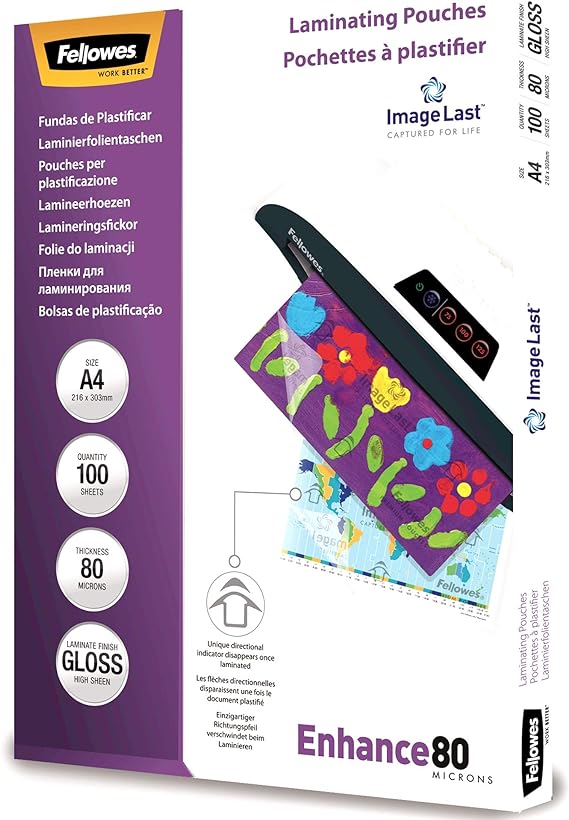 Fellowes A4 Laminating Pouches - Gloss Finish - 100 Sheets - 160 Micron (2 x 80 Micron) High Quality Finish with Image Last Directional Quality Mark - Ideal for Photos and Notices