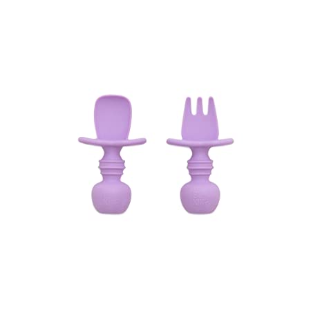 Bumkins Silicone Chewtensils, Baby Fork & Spoon Set, Training Utensils, Baby Led Weaning Stage 1 for Ages 6 Months  Lavender, Lavender-SFI