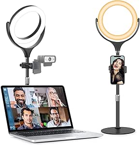 Ringlicht mit Stativ Handy Laptop Videokonferenz Licht,Evershop 8”Lichtring Ring Light LED Ringlampe 3 Lichtfarben 10 Helligkeiten 360°Drehbar Schreibtisch Streaming Beleuchtung Licht YouTube Tiktok