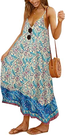 Angashion Women's Dresses Floral Adjustable Spaghetti Strap V Neck Boho Long Maxi Dress Summer Beach Flowy Ethnic Sundress