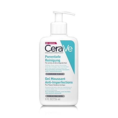 CeraVe Porentiefe Reinigung für das Gesicht, Schäumendes Reinigungsgel gegen Pickel, Für unreine und zu Akne neigender Haut, Mit Tonerde und Niacinamid, 1 x 236 ml