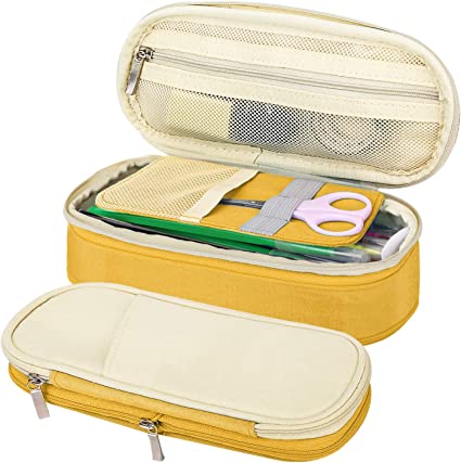 MoKo Big Capacity Pencil Pen Case, Large Capacity Storage Bag Pouch Box Makeup Pen Bag Cosmetic Bag Stationery Organizer Storage with Zippers for Office/School Supplies - Beige & Yellow