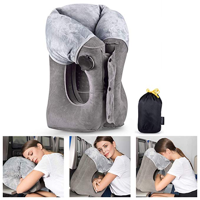 Inflatable Travel Pillow UPGRADED Airplane Pillow Head and Neck Rest Pillow for Journey Easy to Inflate and Deflate Flight Pillow with Super Big Valve, Soft Cover and Portable Storage Bag (Grey)