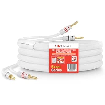 Nakamichi Excel Series 24k Gold Plated Banana Plug with (10 Feet) 12AWG Speaker Cable Wire 99.9% Oxygen-Free Copper (OFC) Heavy Duty Braided for Amplifier Hi-Fi Home Theatre - White (10ft/3.0m)