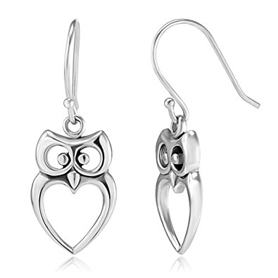 925 Sterling Silver Owl Cut-Out Heart Dangle Hook Earrings