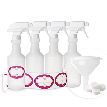 DilaBee Pack of 4 - 16 Oz. Empty Plastic Spray Bottles - 100% Leak Proof with Mist, Stream and Off Trigger Settings Bonus Funnel, Caps and Labels! Great for Homemade DIY Cleaners and Gardening