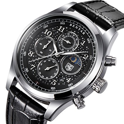 Men's black Leather Quartz Watches Chronograph Waterproof Date Display Analog Starry Sport Wrist Watches