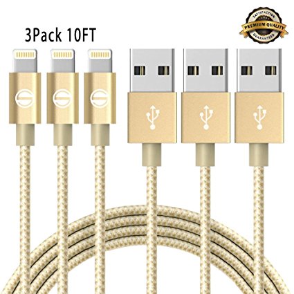 iPhone Cable SGIN,3Pack 10FT Nylon Braided Cord Lightning to USB iPhone Charging Charger for iPhone 7,7 Plus,6S,6 Plus,SE,5S,5,iPad,iPod Nano 7(Gold Silver)