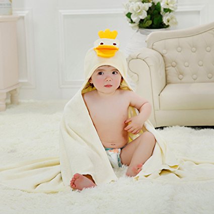 Hooded Baby Bamboo Bath Towel, Light Yellow Color Highly Soft &Absorbent Washcloth with Animal Face for Newborn &Kids 39" x 47" by Zebrum (Large, Yellow Duck)
