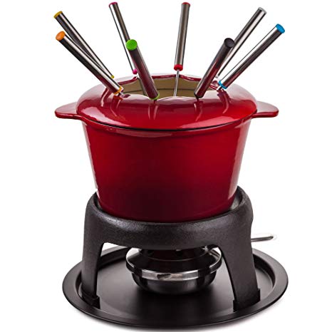 Andrew James Fondue Set for Cheese or Chocolate | 1300ml Red Enamelled Cast Iron Melting Pot with Gel Fuel Burner | Includes 8 Fondue Forks