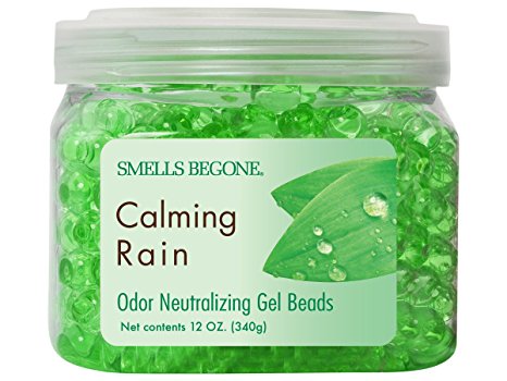 SMELLS BEGONE Odor Eliminator Gel Beads - Eliminates Odor in Bathrooms, Cars, Boats, RVs and Pet Areas - Air Freshener Made with Natural Essential Oils - Calming Rain Scent (12 OZ)