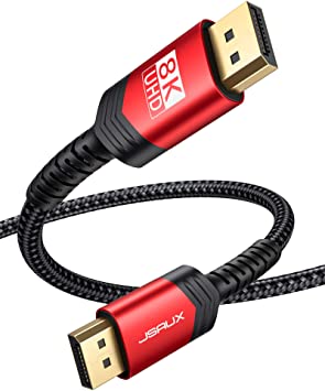 8K DisplayPort Cable 1.4, JSAUX 10ft/3M DP Cable (8K@60Hz 7680x4320, 4K@240Hz, 2K@144Hz) Gold-Plated Braided Ultra High Speed DisplayPort Cord Support Resolution for Laptop PC TV Gaming Monitor(Red)