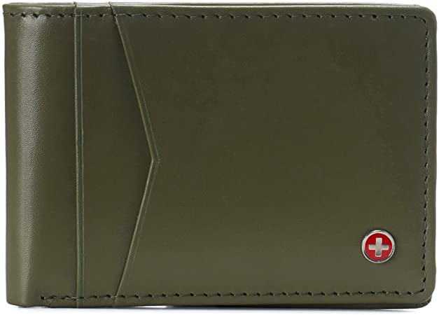 Alpine Swiss Men’s Delaney Slimfold RFID Safe Slim Bifold Wallet Smooth Leather Comes in Gift Box, Olive, One Size