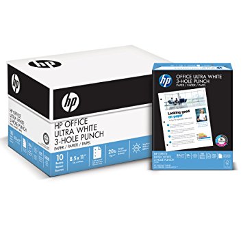 HP Paper, Office Ultra White, 20lb,8.5 x 11, 3 Hole Punch, 92 Bright, 5000 Sheets / 10 Ream Case, Made In The USA