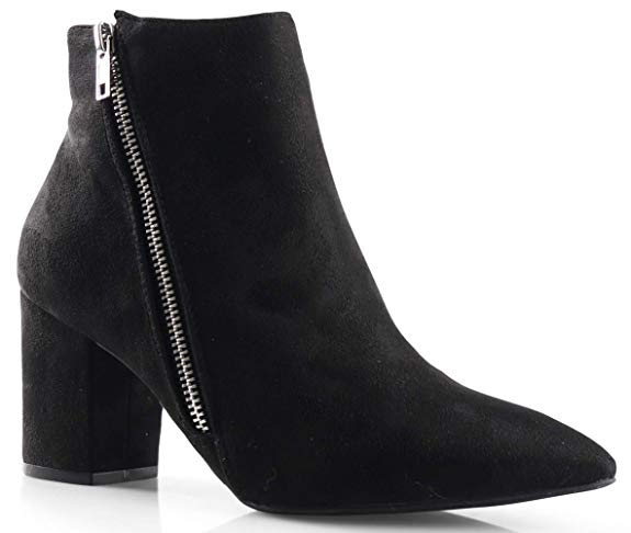 LUSTHAVE Womens Cinco Zipper Pointy Toe Chunky Heel Ankle Bootie Boots