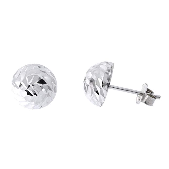 Italian Sterling Silver Rhodium Plated Diamond Cut Half Ball Stud Earrings